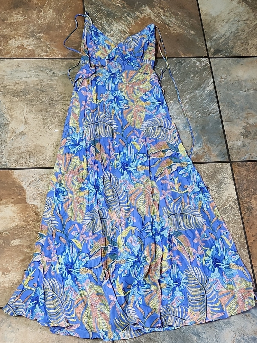Olivaceous Blue and Green Floral Satin Dress